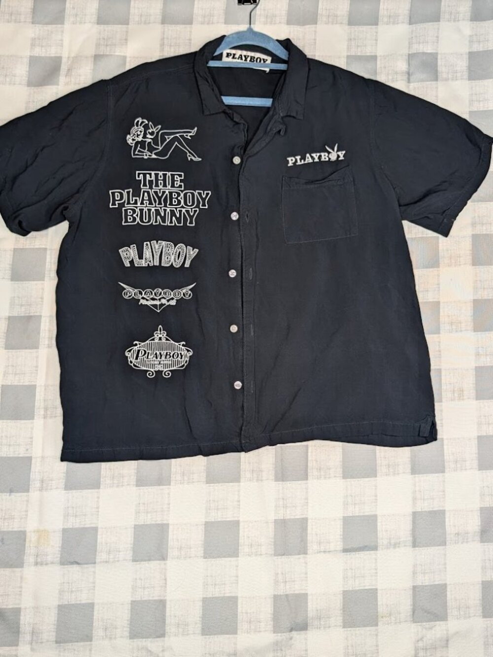 PLAYBOY Black Short-Sleeve Button-Down Shirt with White Logos